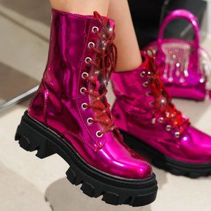 CAPE ROBBIN METALLIC PINK COMBAT BOOTS NWT RHINESTONE LACES TONGUE NEVER…